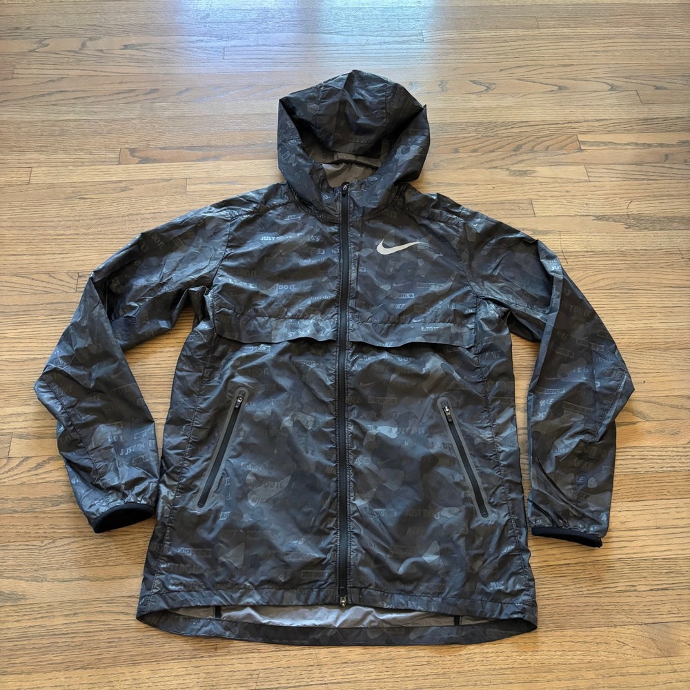 Nike Running Mens Small Windrunner Jacket Camo Just Do It Black Gray Hooded Zip